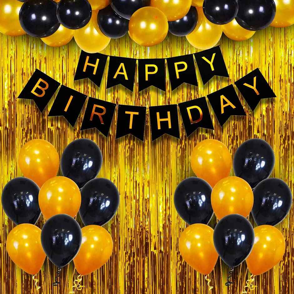 Birthday Decoration Items Kit | 1 pc Banner, 32 pcs Balloons and 1 pc Foil Curtain | Party Propz