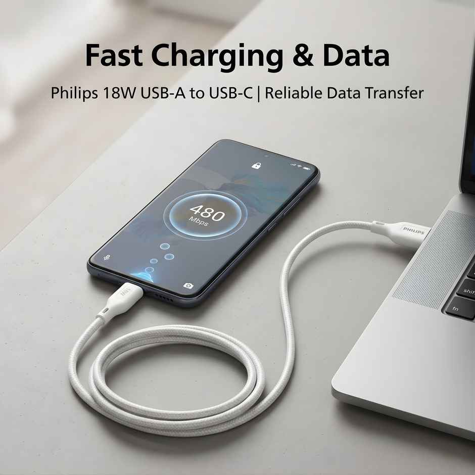 Philips 18W USB A to Type C Fast Charging Cable | DLC4130AW94 | Bright White | 1 m