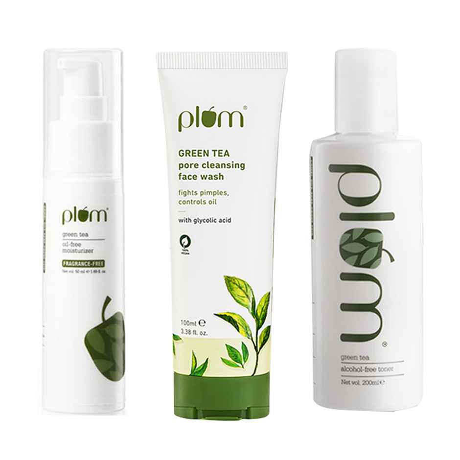 Plum Green Tea Pore Cleansing Face Wash Acne Face Wash Oily Skin| Bright Clear Skin Soap-Free|(100ml), Plum Green Tea Alcohol-Free Toner(200ml) & Plum Green Tea Oil Free Moisturizer (50ml) Combo