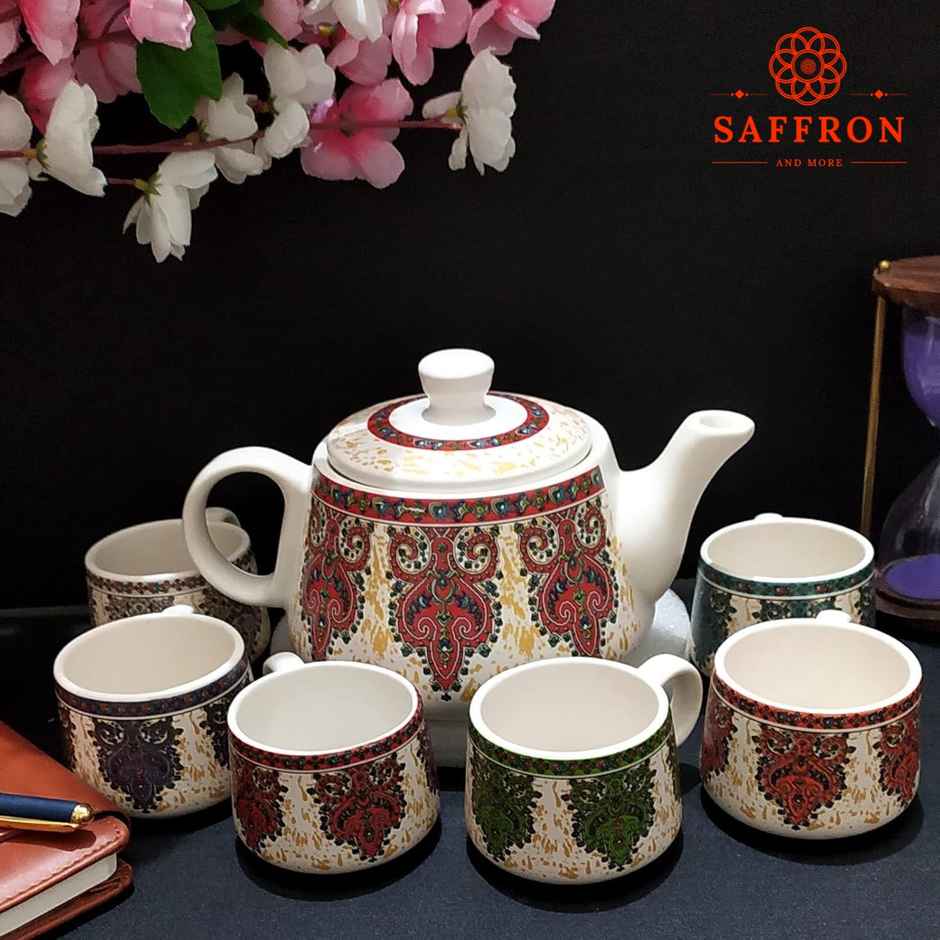 Saffron Royal Bloom Printed Ceramic Tea Kettle Milk Pot & Cup Set