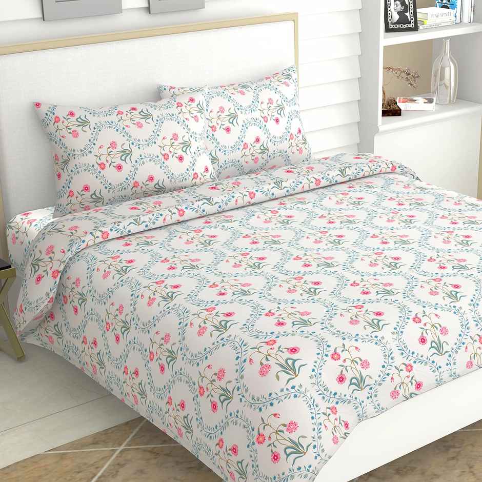 Haus & Kinder Double 100% Cotton Floral Bedsheet | Pink Blossom | 98 x 89 in