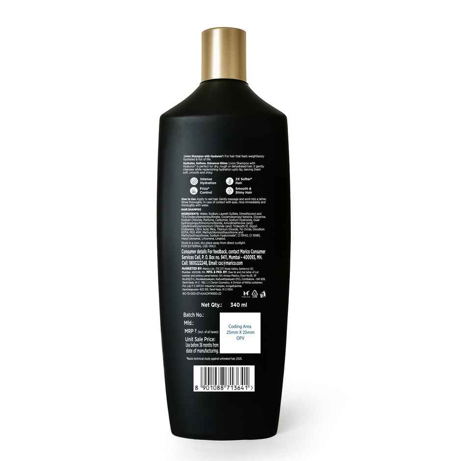 Livon Hyaluron Shampoo for Women & Men | Hydrates Dry & Dull Hair | 2x Soft & Shiny Hair |340ml