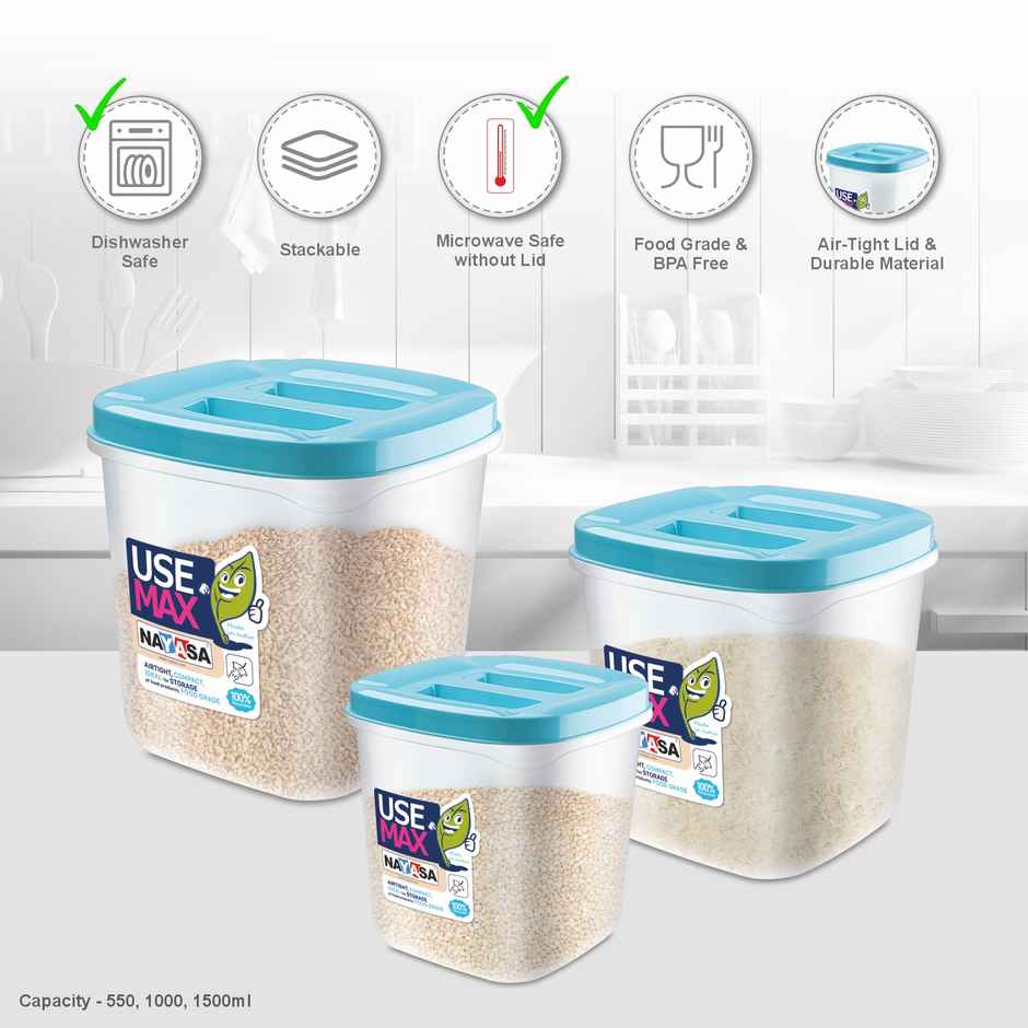 Nayasa Use Max Container Set | Airtight & BPA Free |Blue - 550 ml x 3, 1000 ml x 3, and 1500 ml x 3