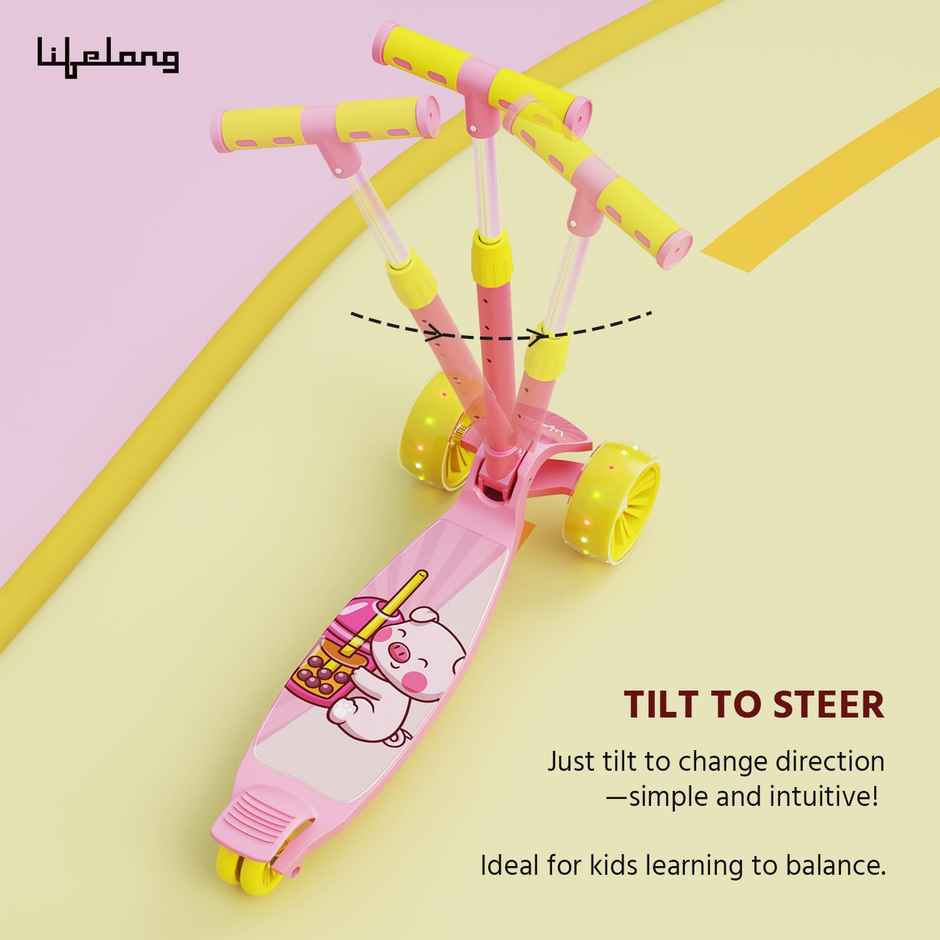 Lifelong Foldable Kids Scooter with LED Wheels | Max 50kg | Pink & Yellow