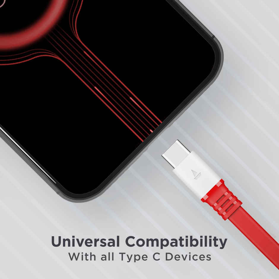 boAt Type C A750 6.5A Flat Super Fast Charging Cable w/Stress Resistance, Upto 65W/6.5Amp & Compatible w/Xiaomi, Oneplus, Samsung, Vivo, Oppo, 480 Mbps Data Transmission Speed,1.5m - Radiant Red