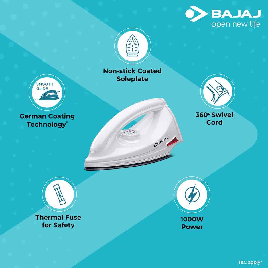 Bajaj Majesty DX-6 1000 Watts Dry Iron | Advance Soleplate And Anti-Bacterial German Coating Technology | Thermol Fuse Safety | Auto Shut-Off | Cool Touch Body - White