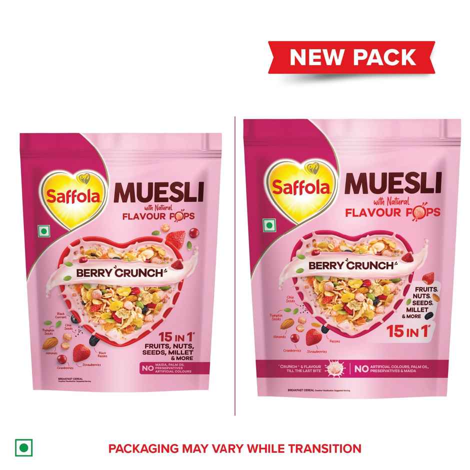 Saffola Muesli Berry Crunch With Flavour Pops, Fruits, Nuts, Seeds, Millets (15 In 1)