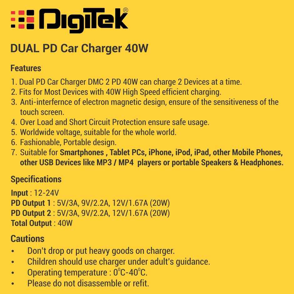 Digitek Dmc 2Pd 40W Fast Car Charger With Dual Output, 40 Watts Total (20W + 20W Type C Pd) (Black)