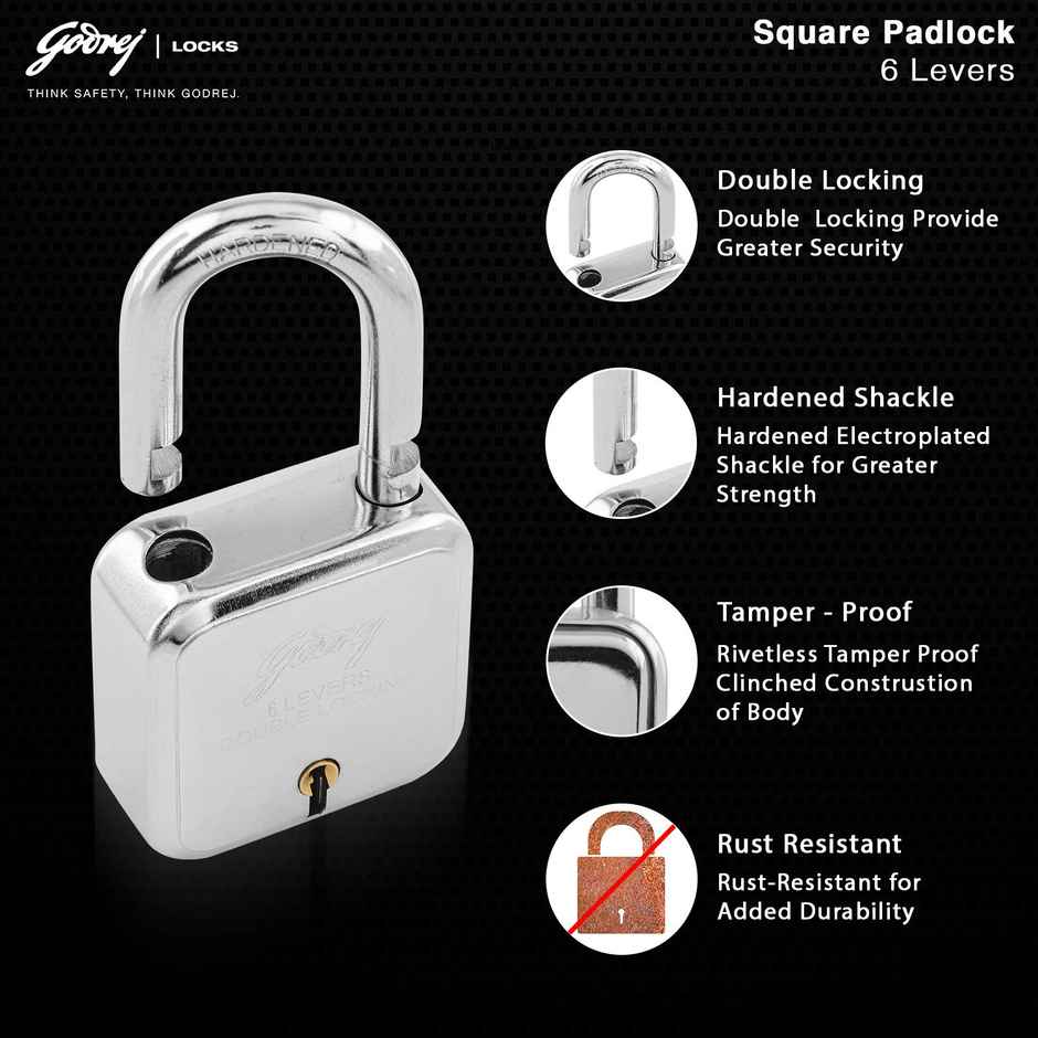 Godrej Locks I Square 6 levers 50 mm 4 Key Padlock for Main Door Corrosion Resistant Shackle Silver