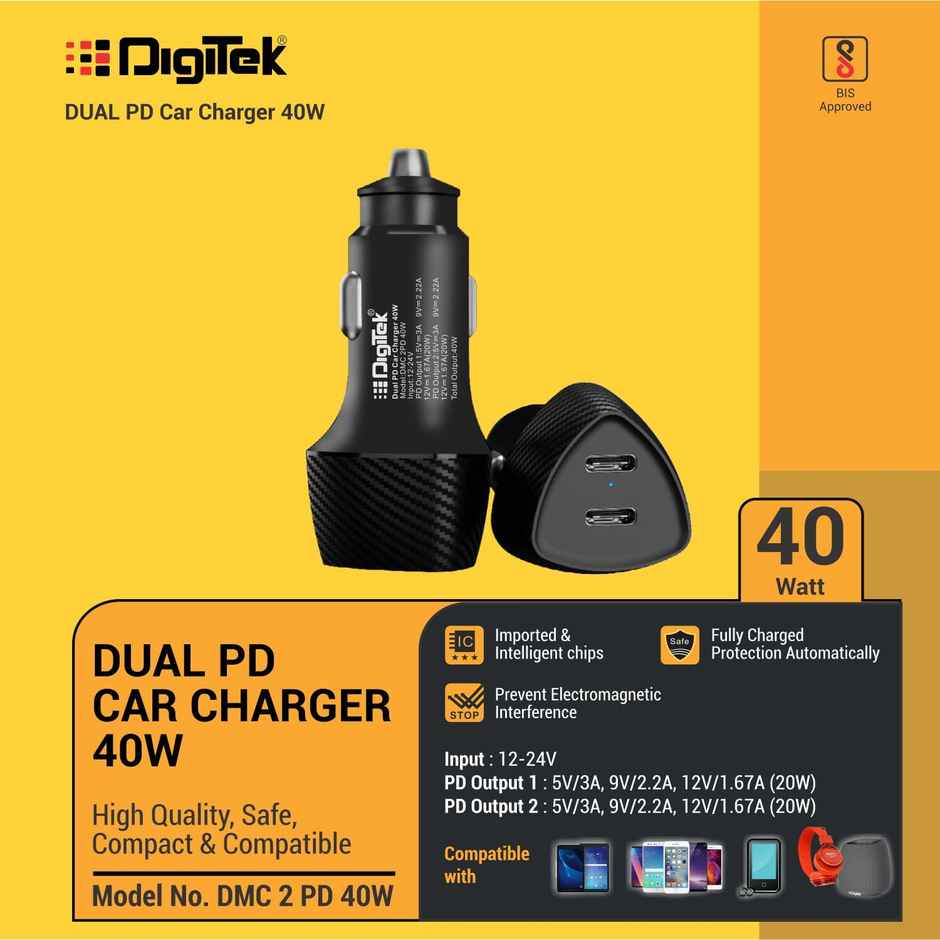 Digitek Dmc 2Pd 40W Fast Car Charger With Dual Output, 40 Watts Total (20W + 20W Type C Pd) (Black)