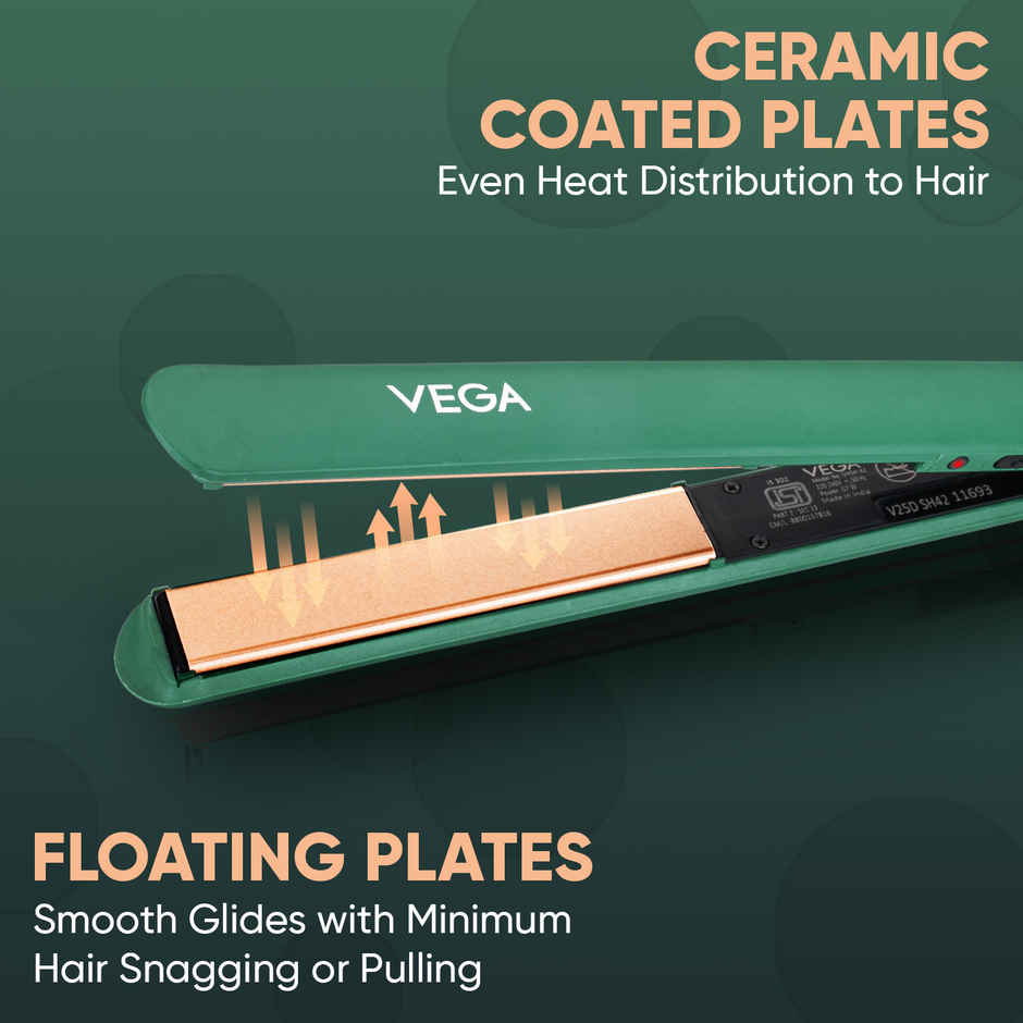 Vega Salon Smooth Hair Straightener for Women with Quick Heatup, 1 Year Warranty, Green (VHSH-42)