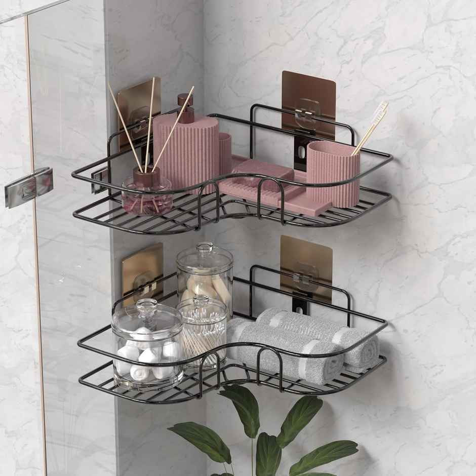 Lifelong Bathroom Corner Shelf For Storage - Mild Steel Wall Mounted Washroom Rack Pack Of 2 Black