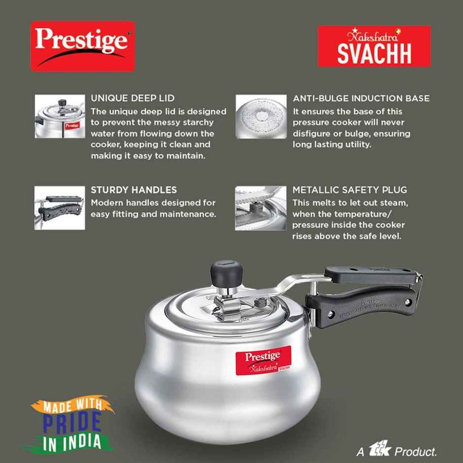 Prestige Nakshatra Plus Svachh Aluminium Pressure Cooker Handi 3L,Unique Deep Lid,5Y Warranty,Silver