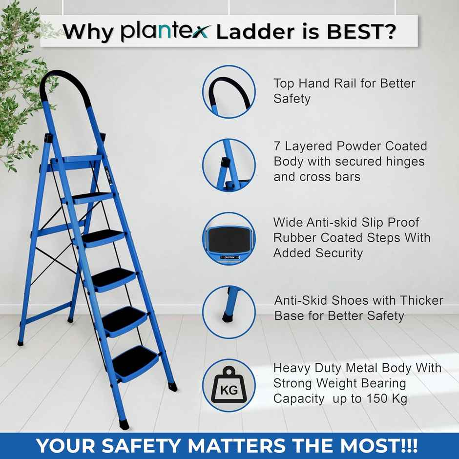 Plantex Premium 6 Step Foldable Steel Ladder with Non-Slip Handgrip - Blue and Black