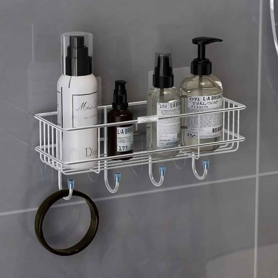 Plantex Stainless Steel Multipurpose Self-Adhesive Bathroom Shelf with Hooks - Chrome Finish