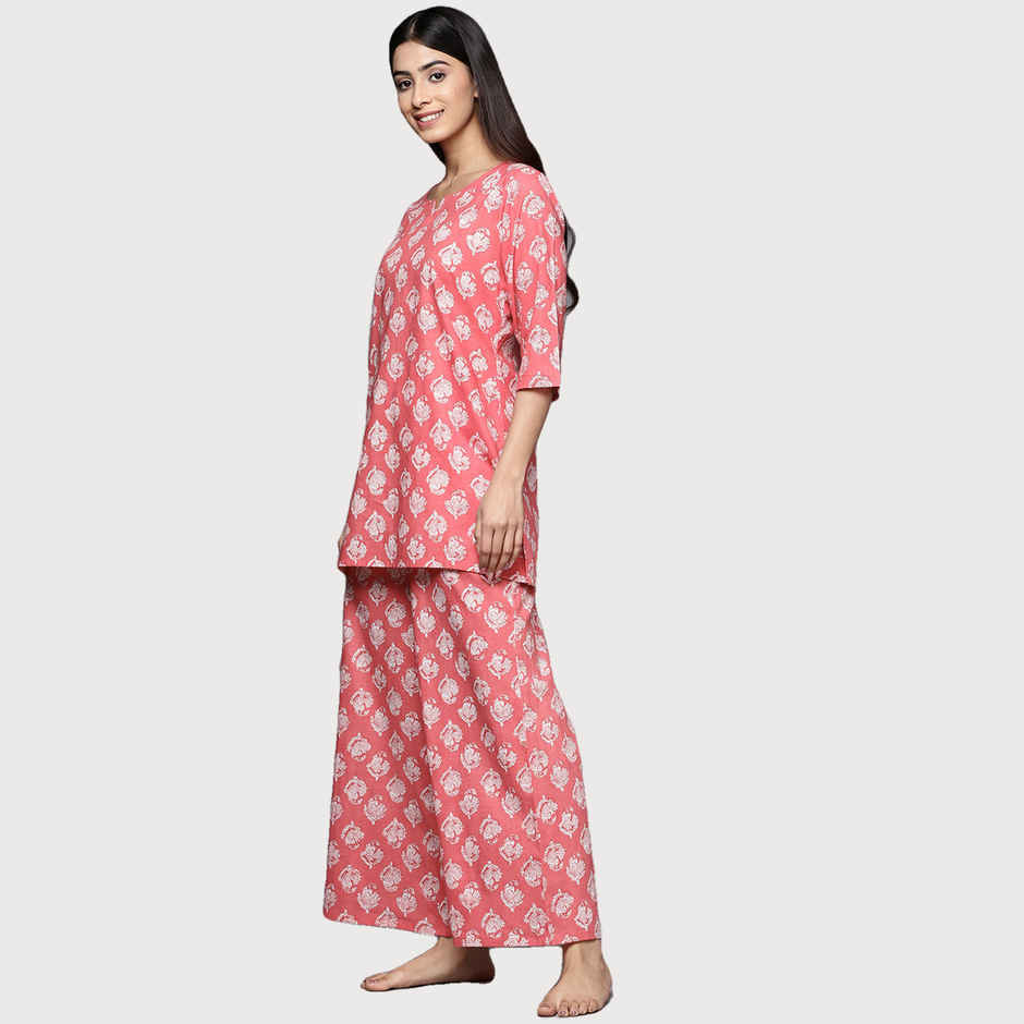 Libas Women Pink Cotton Floral Kurti With Cotton Pyjamas - 50178L