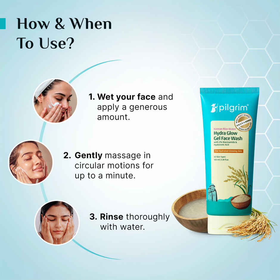 Pilgrim Korean Rice Water Hydra Glow Gel Face Wash with Niacinamide & Hyaluronic Acid for Glowing Skin