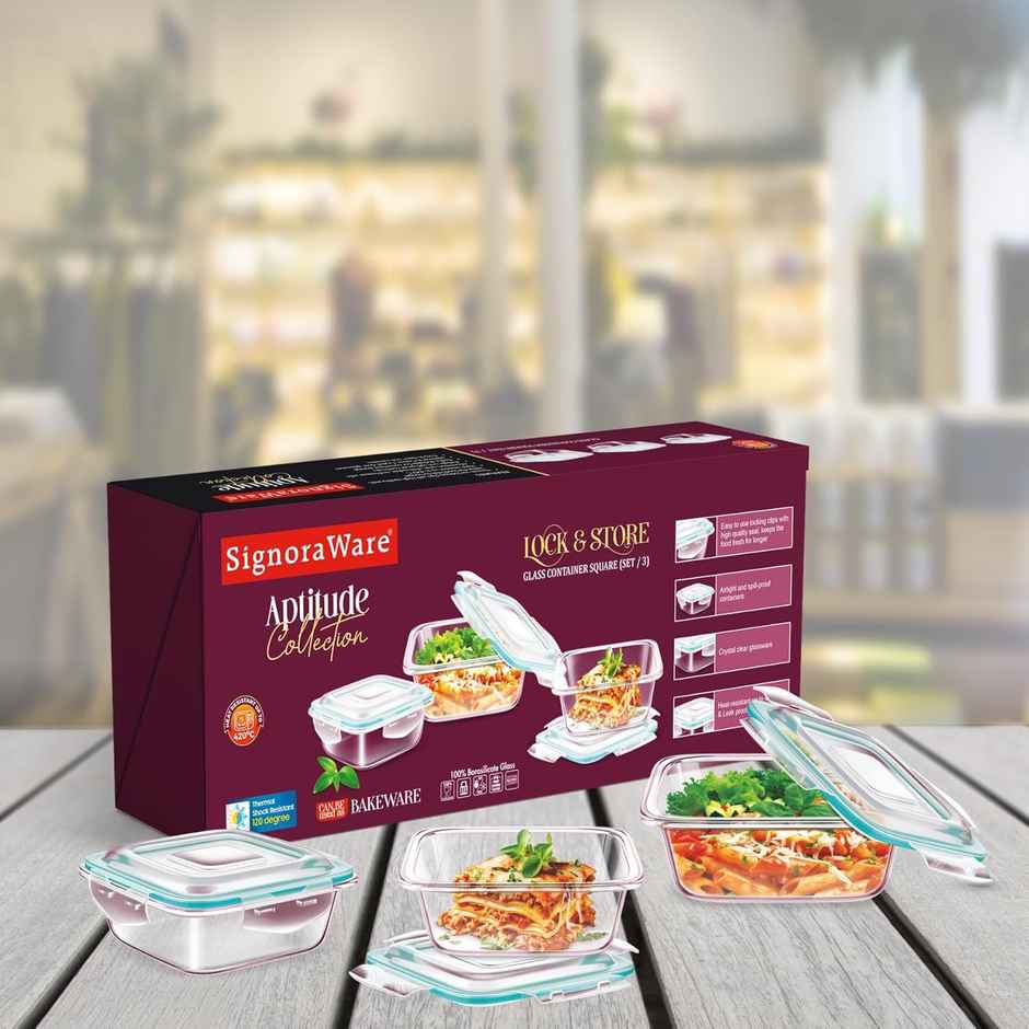 SignoraWare Lock 'N' Store Borosilicate Glass Container Square, 320Ml+520Ml+800Ml, Set/3, 1731Clear
