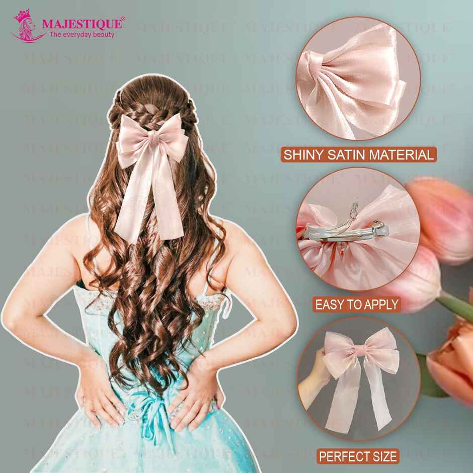 Majestique Big Satin Layered Hair Bow | Long Tail Ribbon Clip Accessory for Women | Pink
