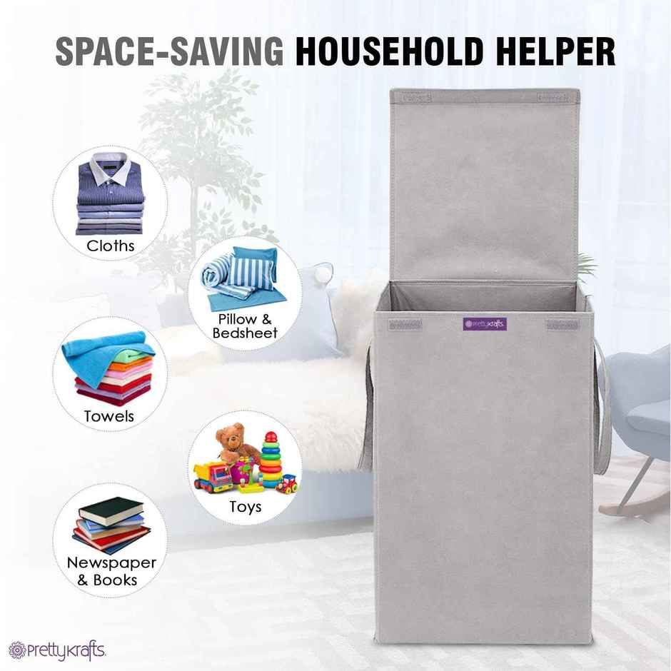 PrettyKrafts 75 L Foldable Laundry Basket L1113 | Cloth Storage Hamper with Lid & Handles | Grey - Large