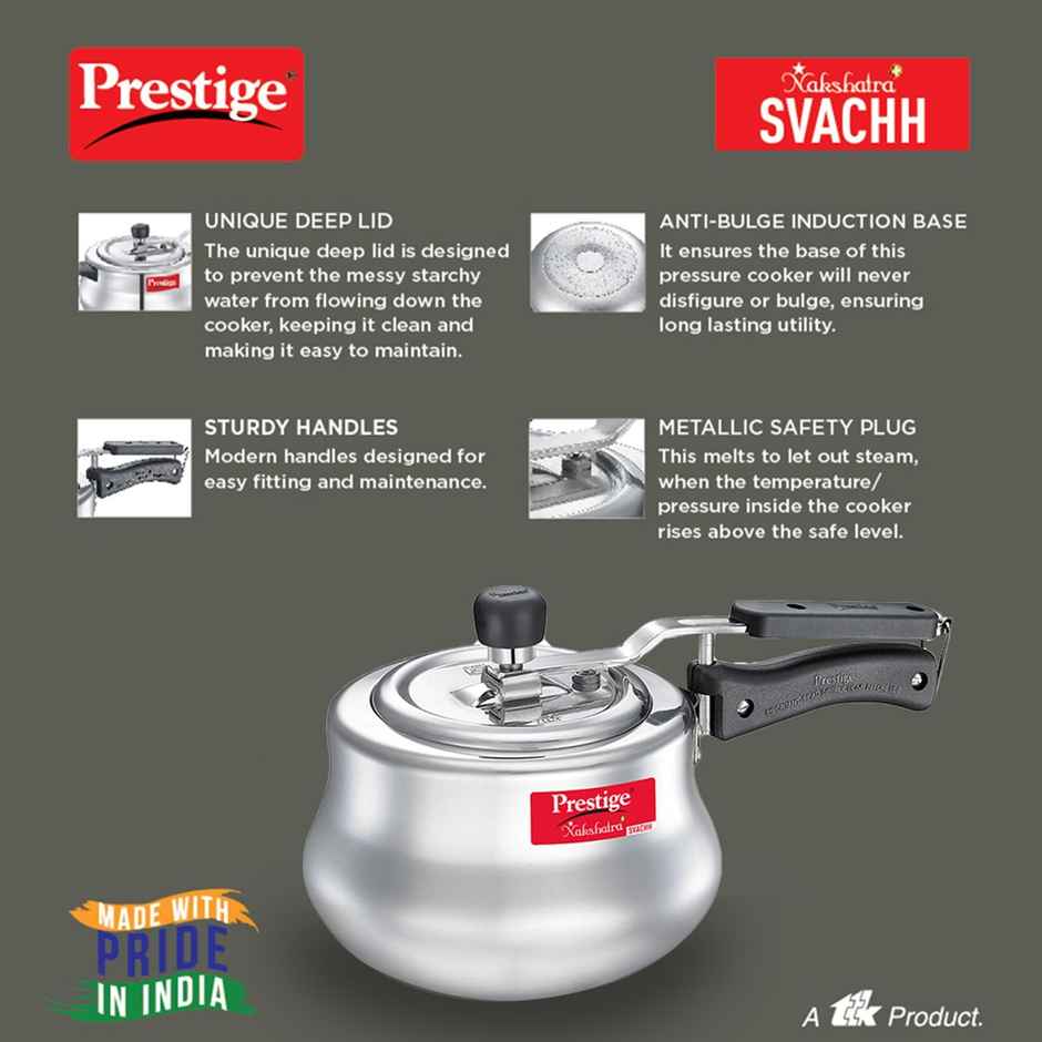 Prestige Nakshatra Plus Svachh Aluminium Spillage Control Handi Pressure Cooker, 3 L (Silver)