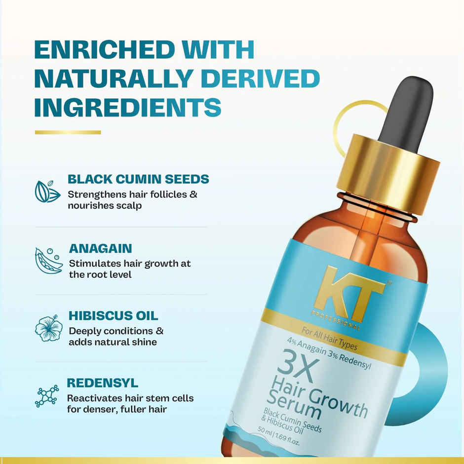 KT Professional 3X Hair Growth Serum with Black Cumin | Anagain, Hibiscus & Redensyl