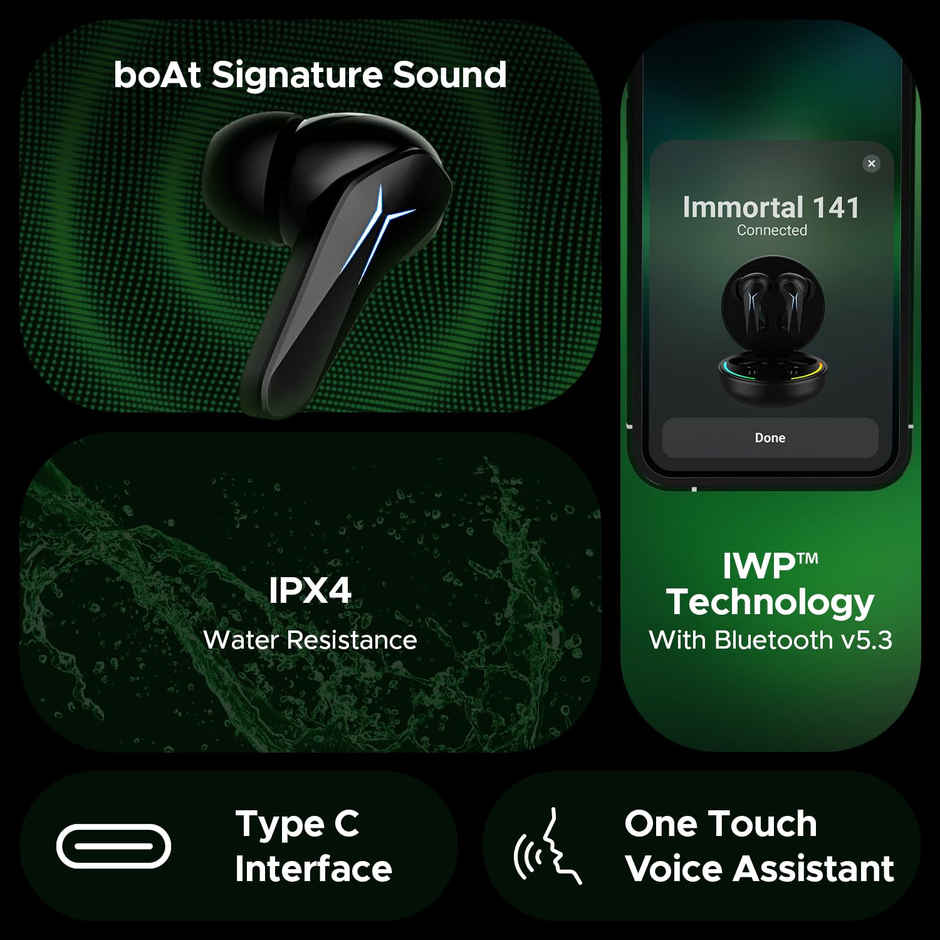 boAt Immortal 141 TWS Earbuds for Gaming w/ 40H Playtime, BEAST Mode & RGB LEDs (Black Sabre)