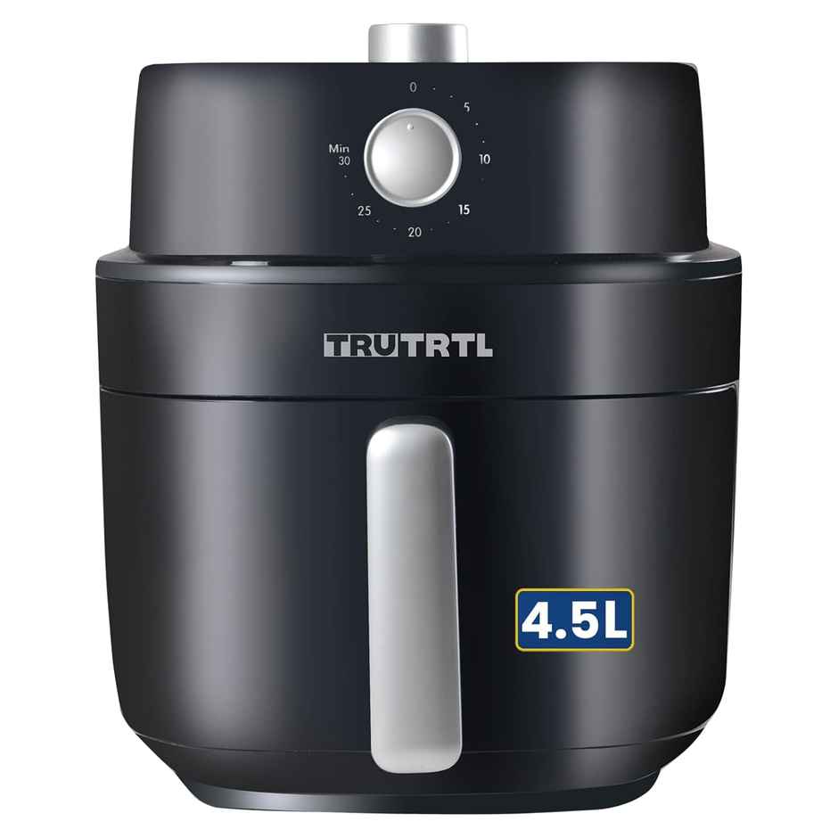 truTRTL Manual Air Fryer for Home | Actual 4.5 Liter | 1400 Watt | 1 Year Warranty | Uses 90% less Oil | Time & Temp Control Knobs | Glossy Black