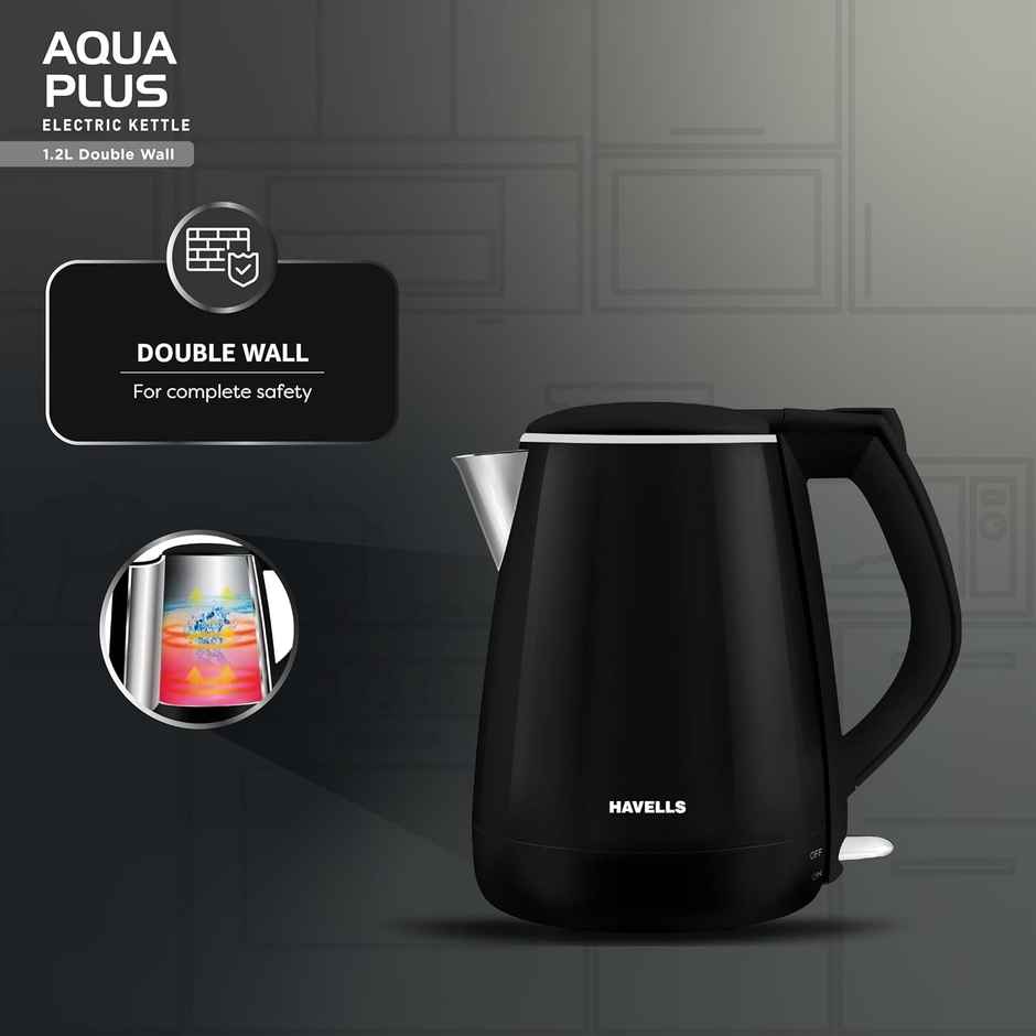 Havells Aqua Plus Electric Kettle 1.2 Litre, 1250 Watt,  304 Stainless Steel Inner Body, Cool Touch Body,  Auto Shut-Off - Black