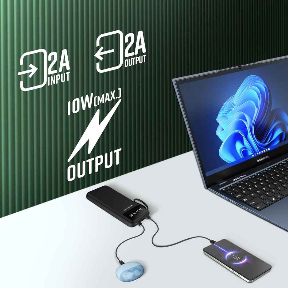 Zebronics MB10000S6 Power Bank, 10000 mAh, 5 x Outputs Built in I/O Cables, Mobile Holder, Carry Loop (Black)