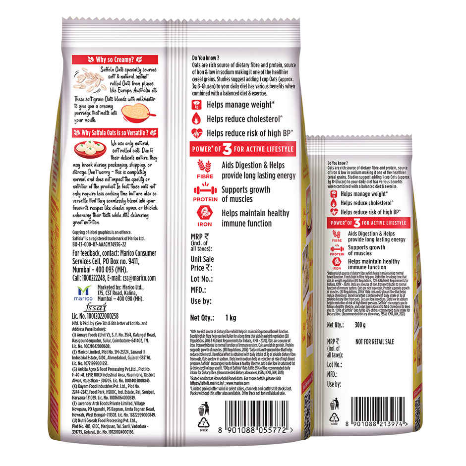 Saffola Oats, Instant Rolled Oats, Soft & Creamy Oats, Power of Protein, Iron & Fibre