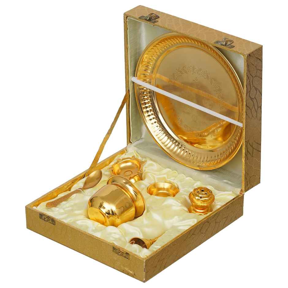 Ecraftindia Handcrafted Decorative Golden Puja Thali