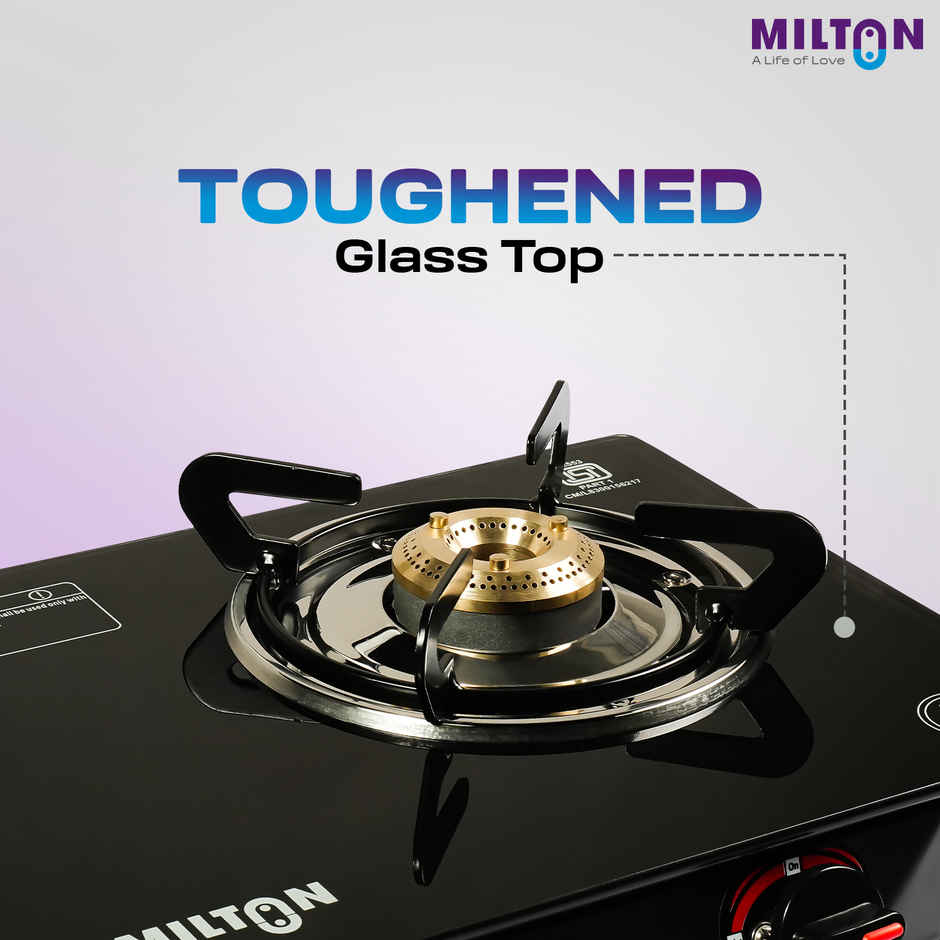 Milton Premium 2 Burner Black Manual Ignition LPG Glass Top Gas Stove, | ISI Certified