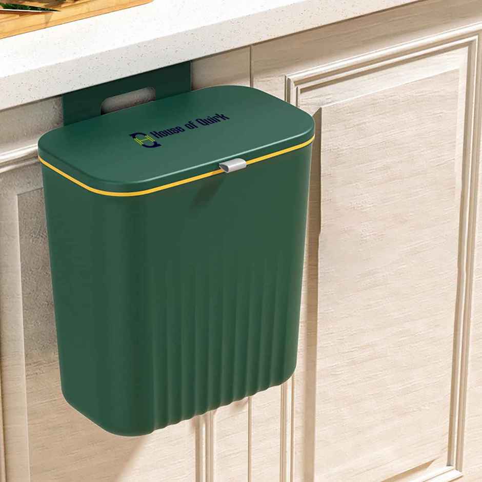 House of Quirk Plastic Hanging Trash Can with Lid Double Sided Open Design Cabinet Door | Green