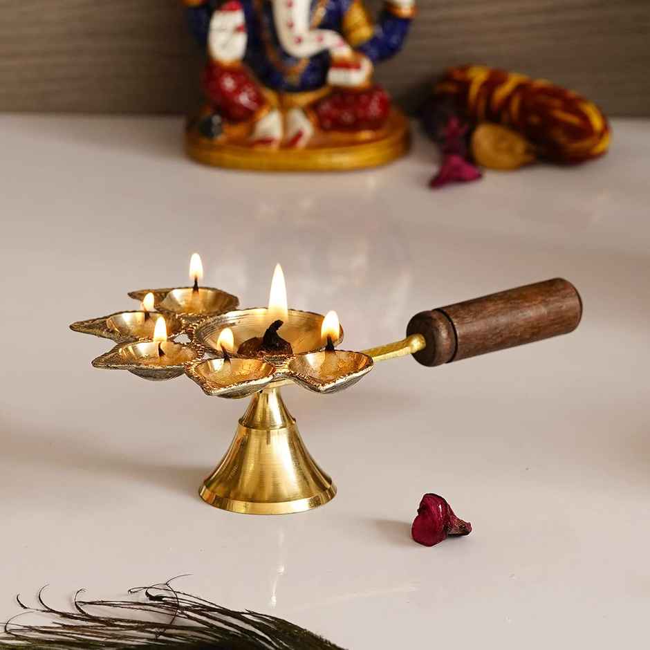 Ecraftindia Set Of 2 Golden Brass Panchdeep Diyas For 5 Cotton Wicks With Wooden Holder