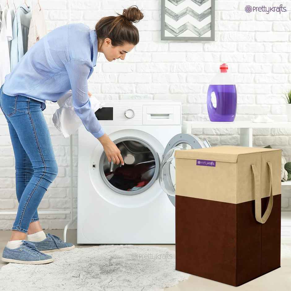 PrettyKrafts 75 L Laundry Basket | Foldable Hamper with Lid for Clothes & Toys - Brown