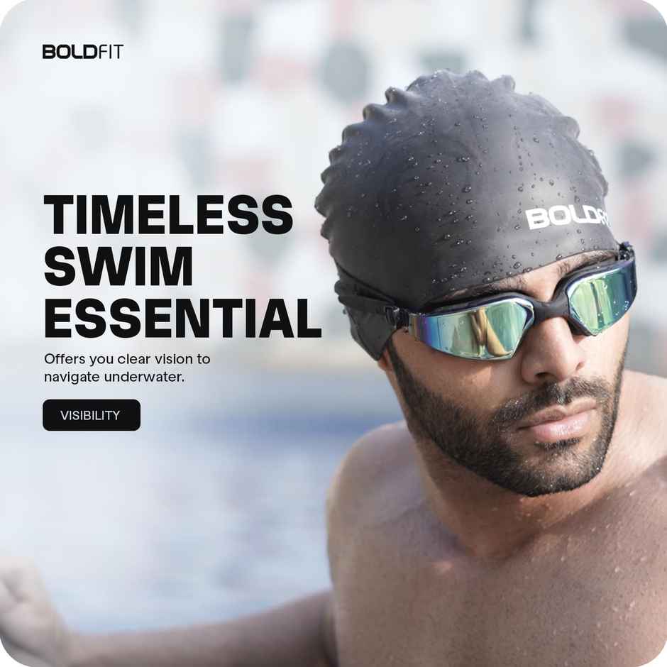 Boldfit Swimming Goggles for Unisex Adjustable Strap | Airtight Fit | Ear & Nose Plug - Black