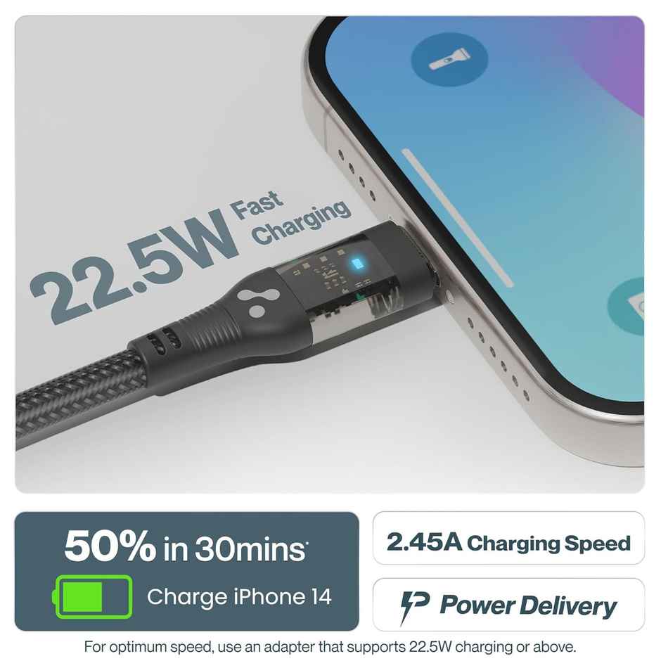 Ambrane ABTL-12T Type C to Lightning 1.2 mtr Cable - 10000+ Bend Lifecycle | PVC-Coated Connector