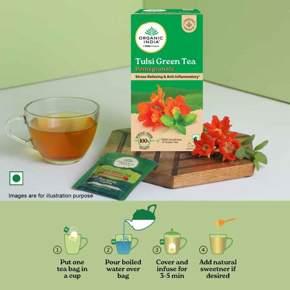 A TATA Product - Organic India Tulsi & Pomegranate Infused Green Tea - 25 Tea Bags