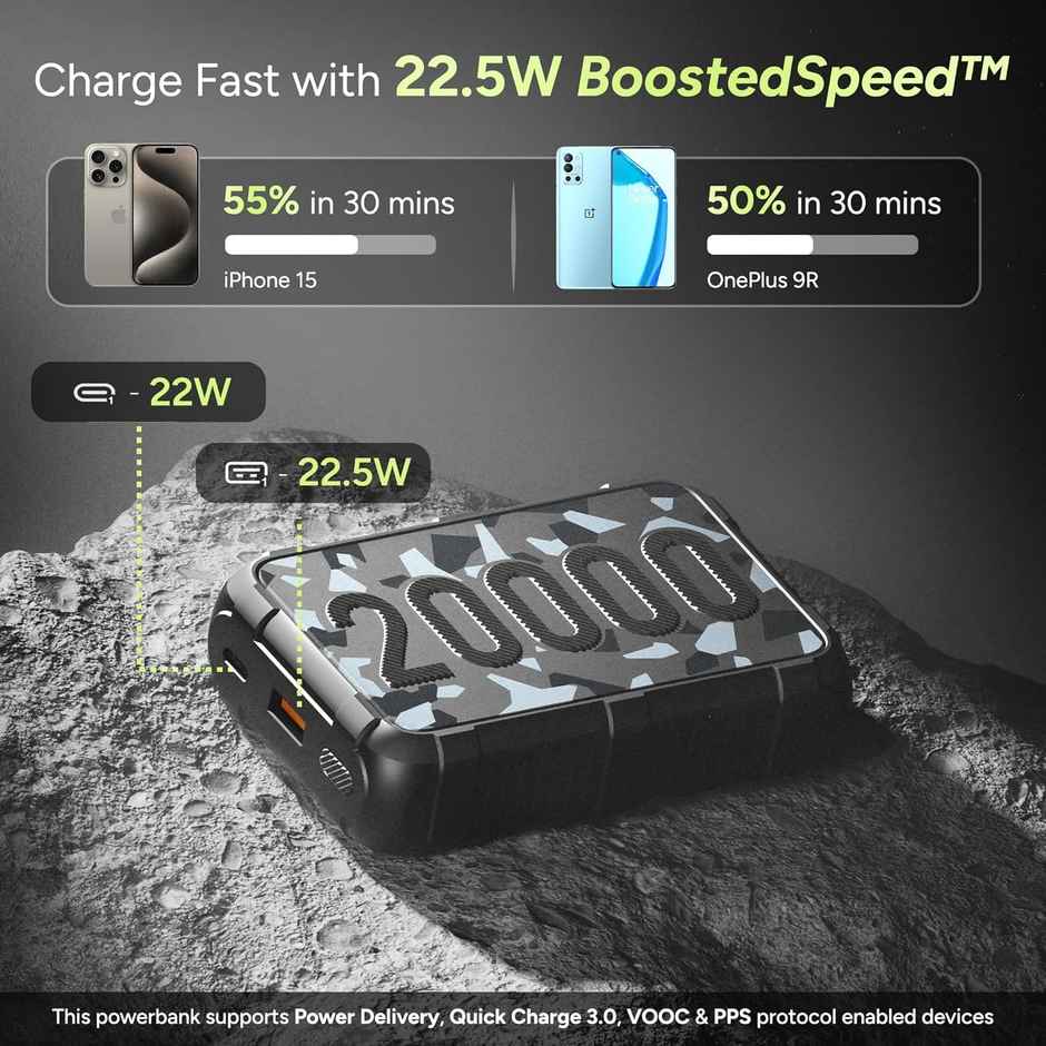 Ambrane 20000 mAh Rugged, Slim Powerbank, 22.5w Fast Charging for Iphone, Android (Force 20k) Green