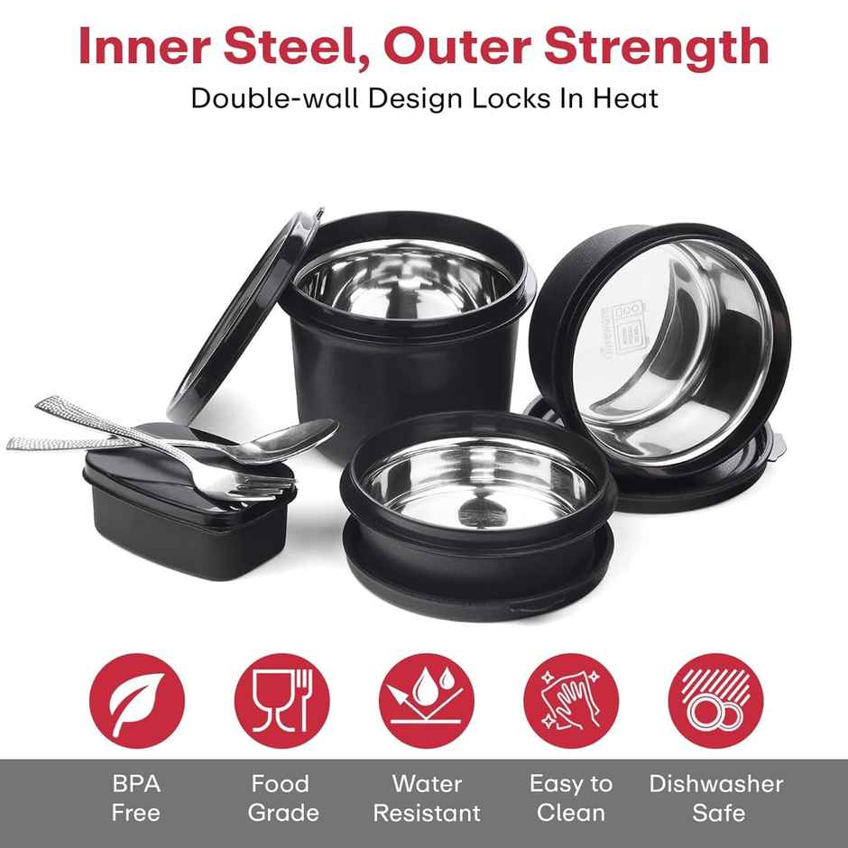 Mumma's LIFE Lunch Box, Microwave Safe, 3 Inside Steel Container with Steel Cutlery | Black