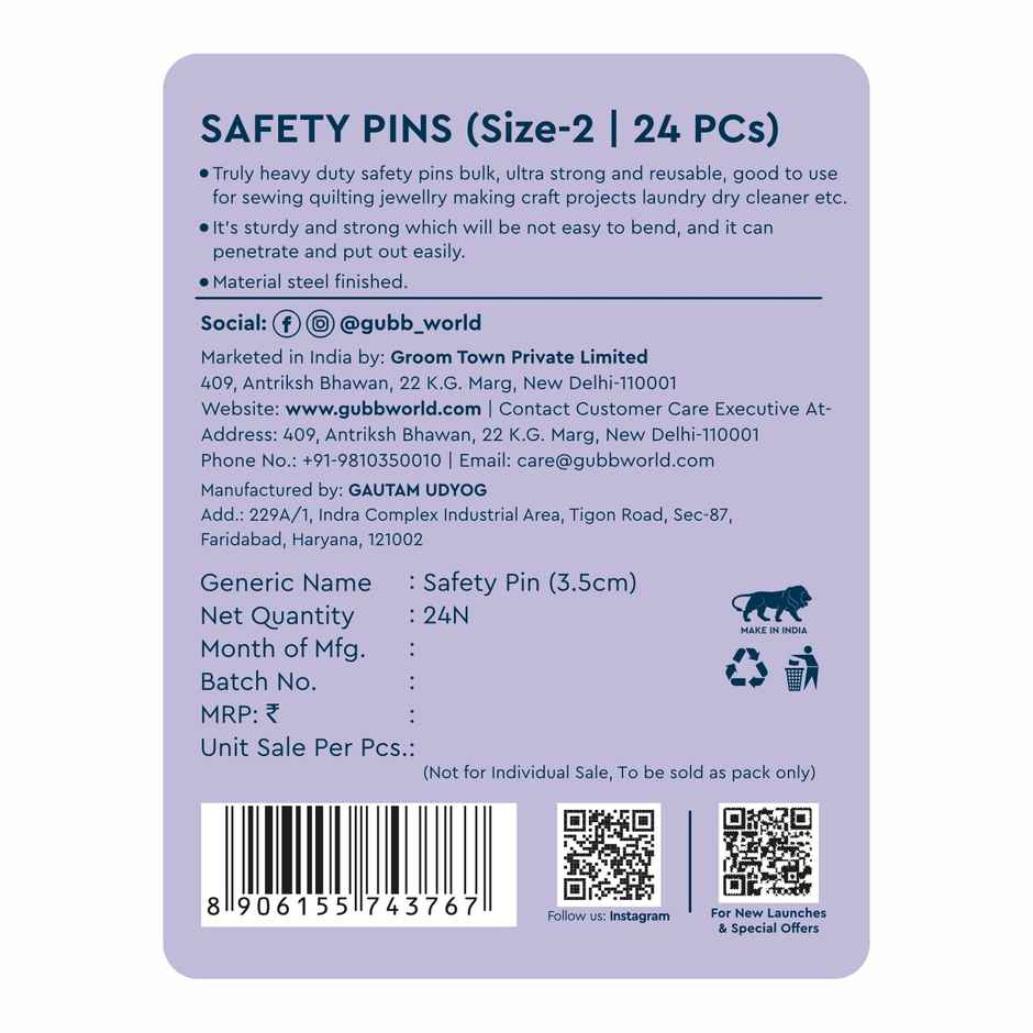 GUBB Safety Pin - Size 2 | Pack Of 24