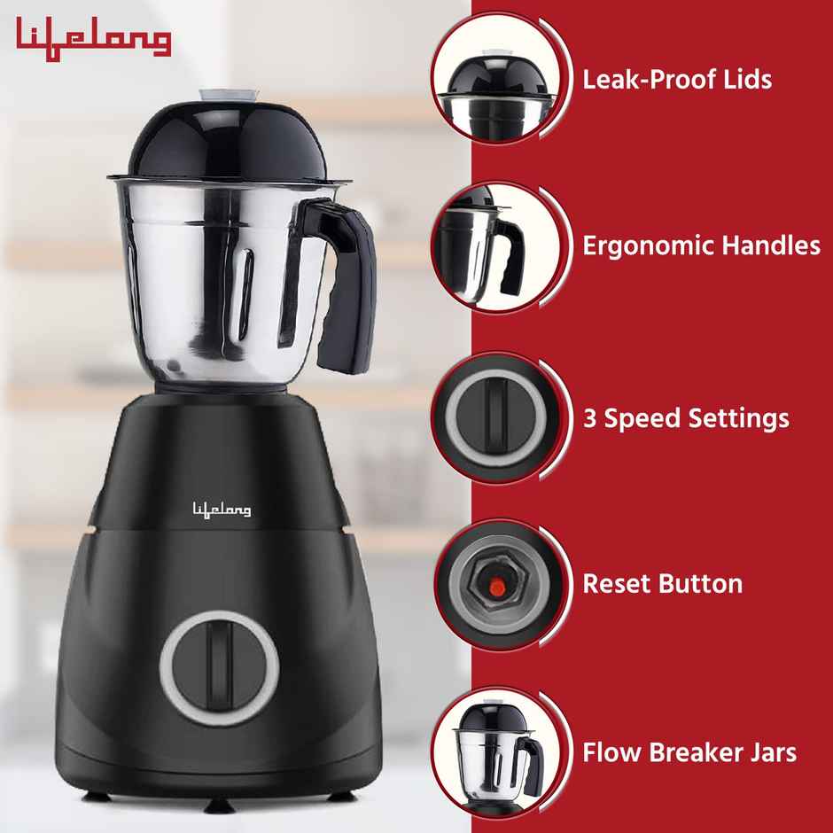 Lifelong LLMG300 Power Pro LX  Mixer Grinder, 500-Watt, with 3 Jars (Liquidizing, Grinding and Chutney Jar) Stainless Steel blades,(Black)