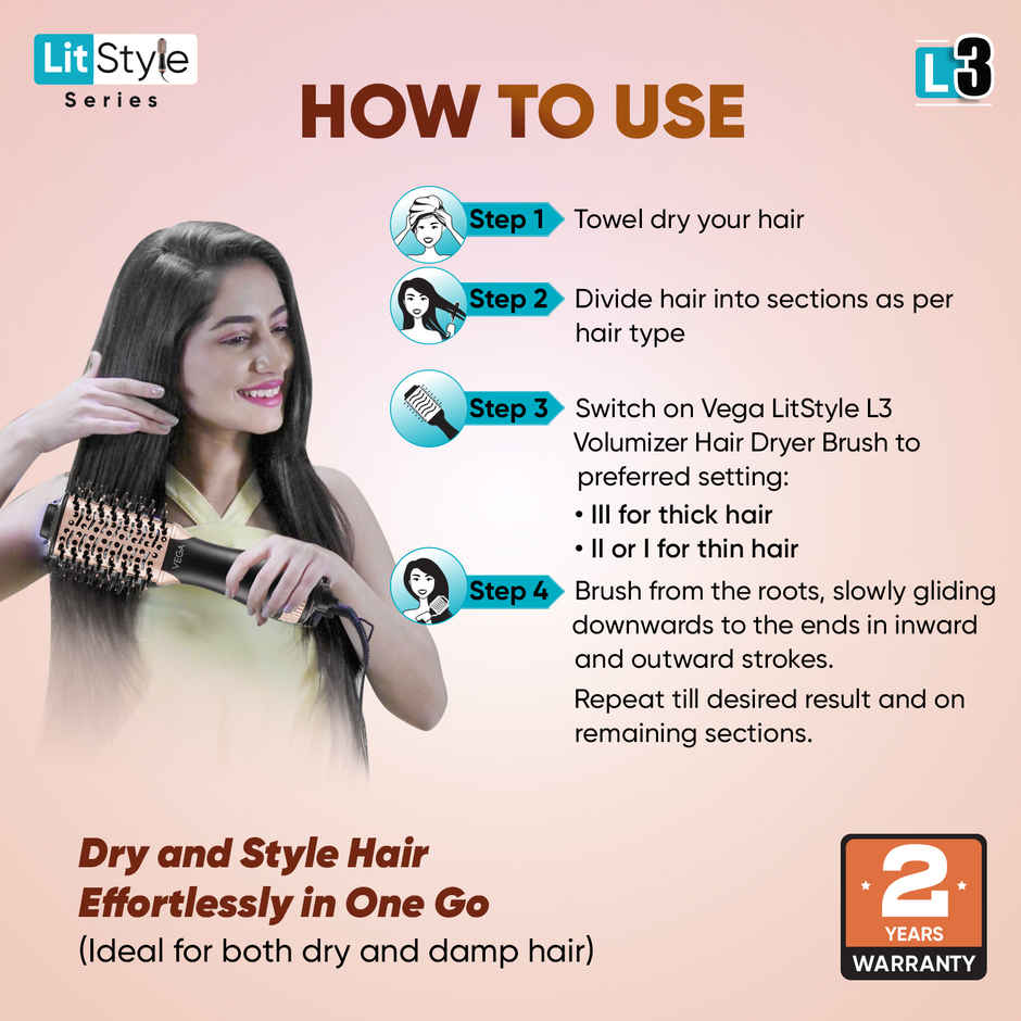 Vega Litstyle L3 Volumizer Hair Blow Dryer Brush | 3 Heat & 2 Speed Settings | VHSD-03
