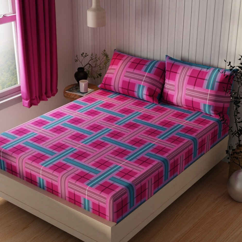 Kopa Extra Smooth Cotton Double Bedsheet With 2 Pillow Covers | Set of 3 | Lopez Checks | Magenta