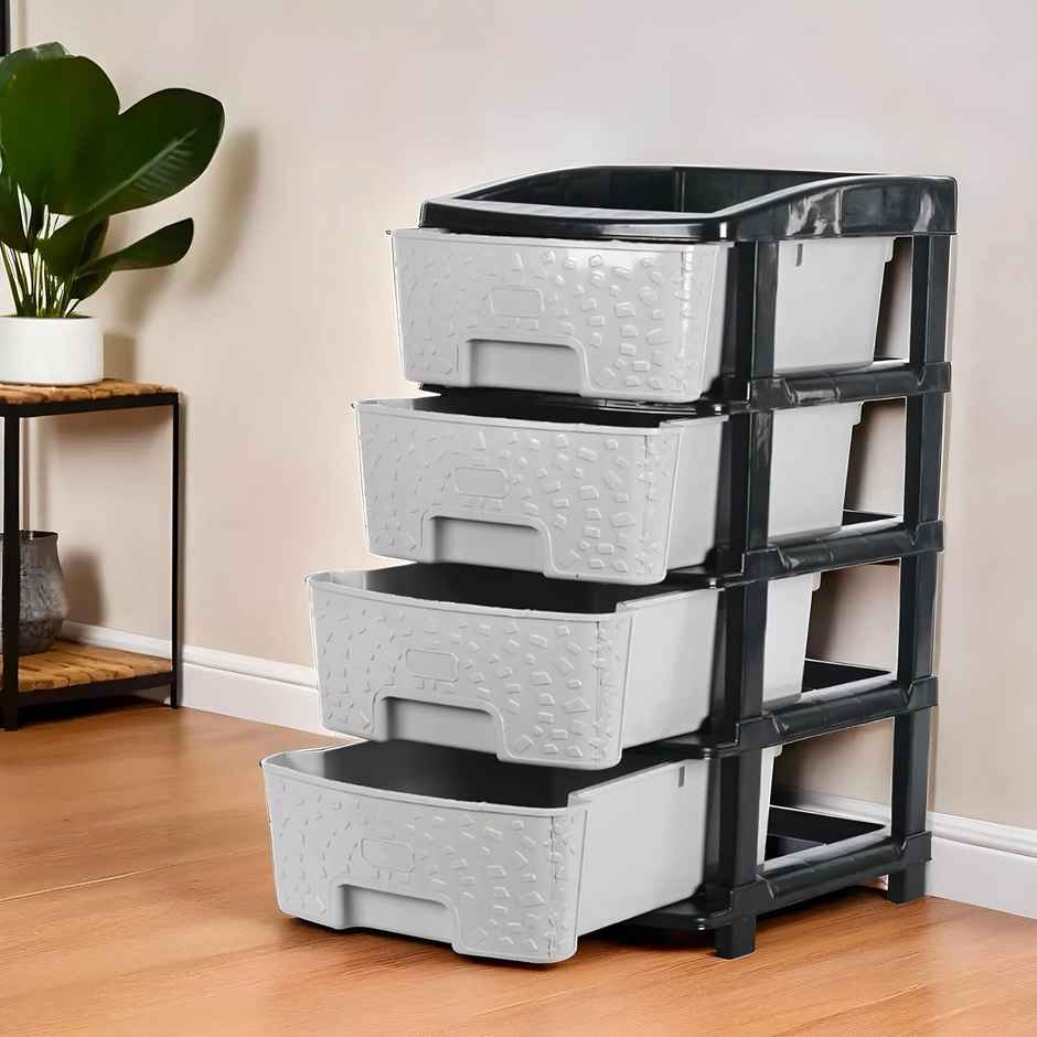 Kuber Industries Modular 4-Layer & 55 L Plastic Drawer Storage Organiser | Black & Grey