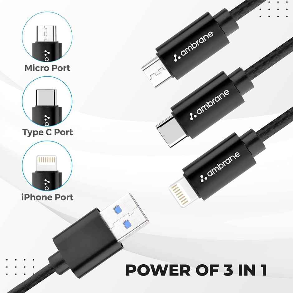 Ambrane Trio-11 Unbreakable 3 in 1 USB Fast Charging USB Cable with Type C, Lightning, Micro USB Port with 2.1 A, Compatible with iPhone, iPad, Samsung, OnePlus, Mi, Oppo, Vivo, Xiaomi, 1.25M - Black