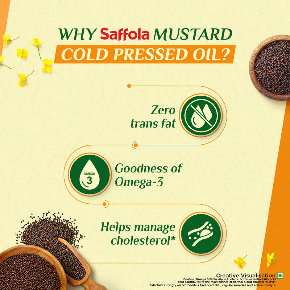 Saffola Cold Pressed Kachi ghani Mustard Oil, 0 trans fat, Unrefined, Chemical free