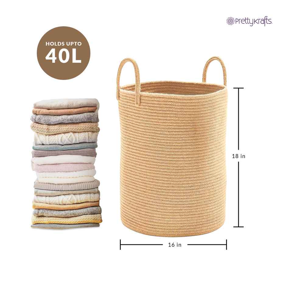 PrettyKrafts Jute & Rope Basket | Multipurpose Organizer for Laundry, Toys, Plants - Natural Brown