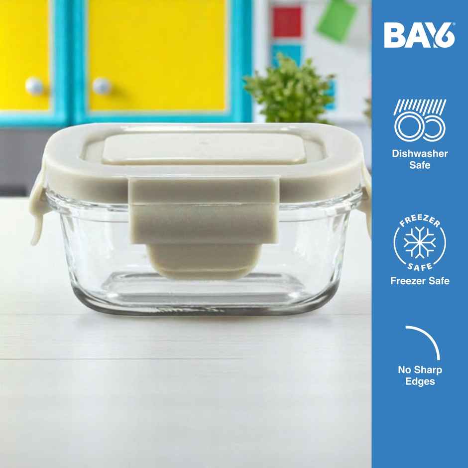 BAY6 Premium Imported Borosilicate Glass Container with Lid 120 ml - Rectangle - Beige